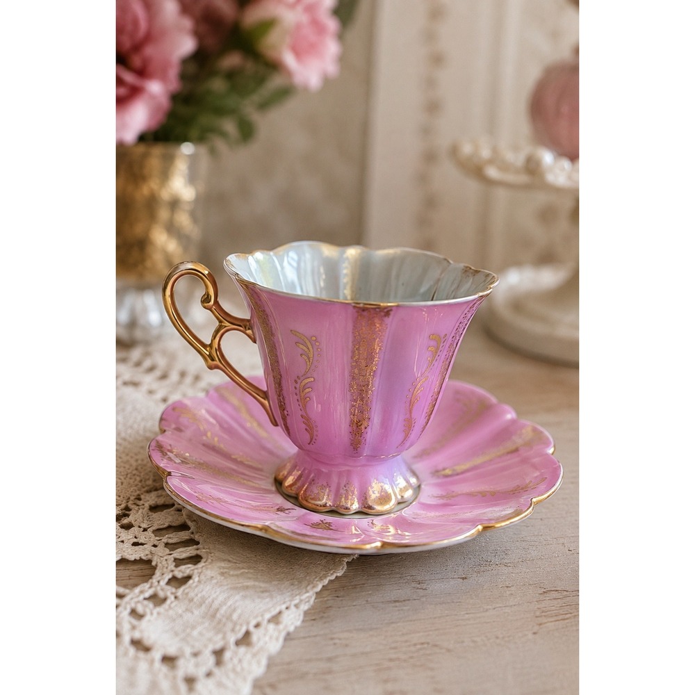 Vintage Shafford Japan Pink Luster Teacup & Saucer Gold Hand Painted Grandmacore